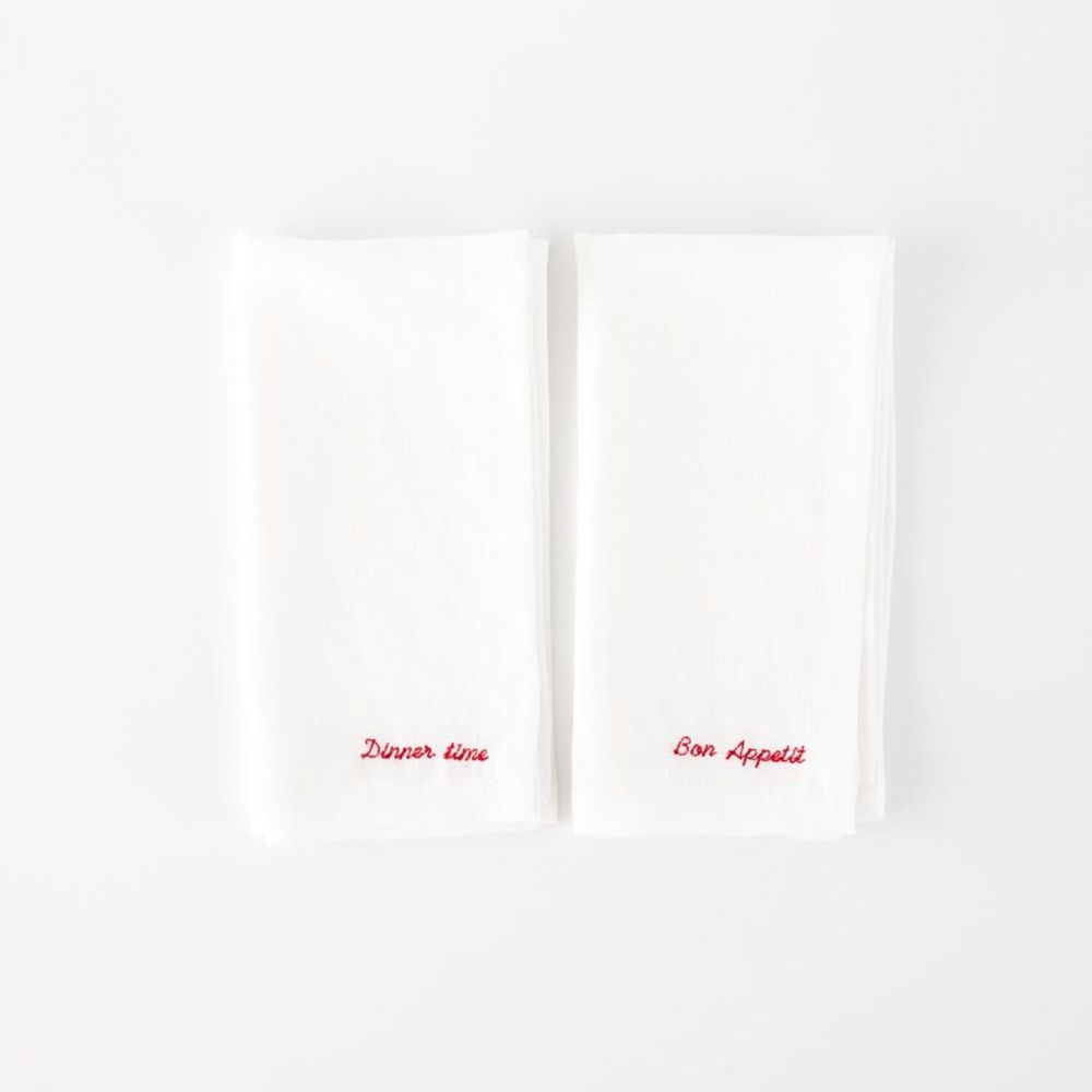 Linge de table textile - Serviettes en lin brodées (lot de 2) — “Bon Appétit” & “Dinner Time” - OURY HOME
