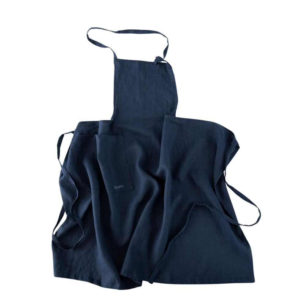 Kitchen linens - Handcrafted Linen Apron – Blue with Embroidery - OURY HOME