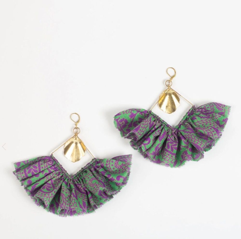 Jewelry - Maxi square earrings – upcycled sari with frill & metal charm - I WAS A SARI