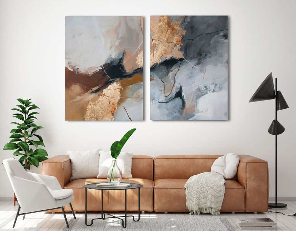 Paintings - Original handmade wall art. Abstract gray gold painting "Desert 2" - MATISS ART STUDIO