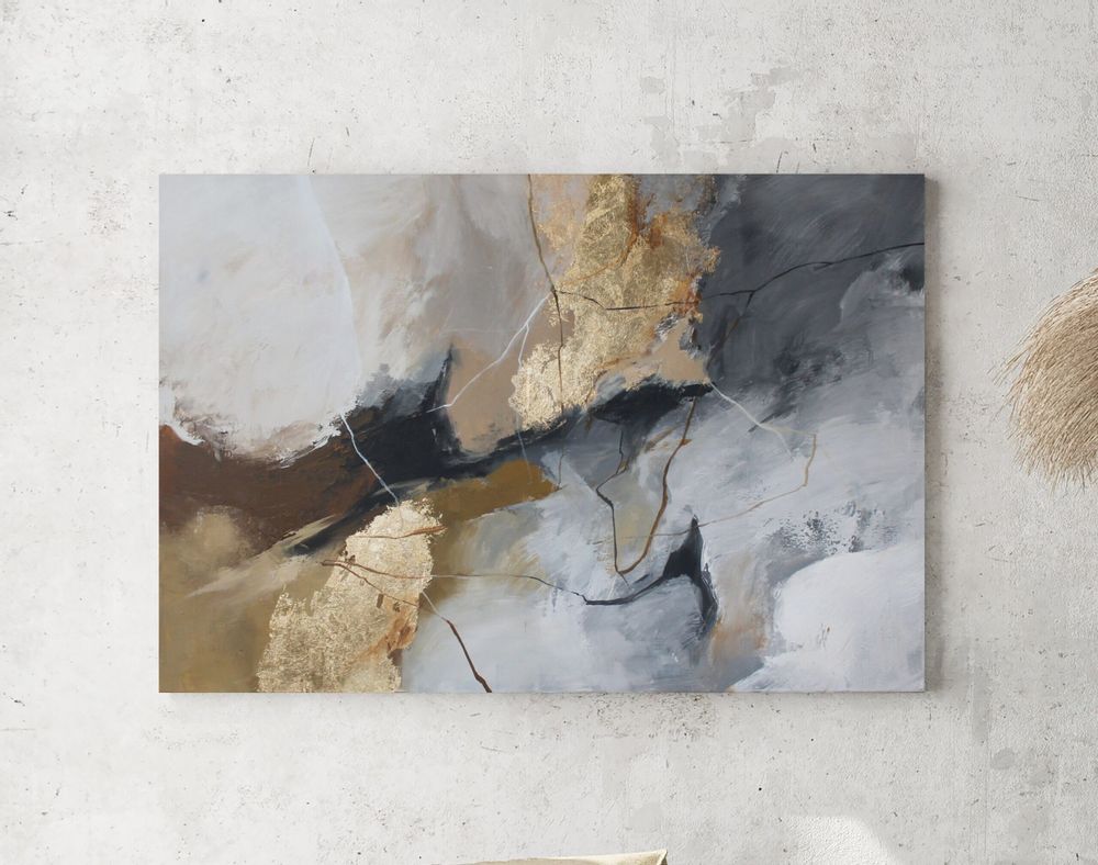 Paintings - Original handmade wall art. Abstract gray gold painting "Desert 2" - MATISS ART STUDIO