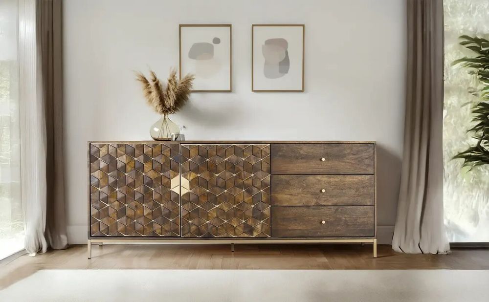 Sideboards - Sophisticated mango wood and metal sideboard in walnut and gold - GINER Y COLOMER