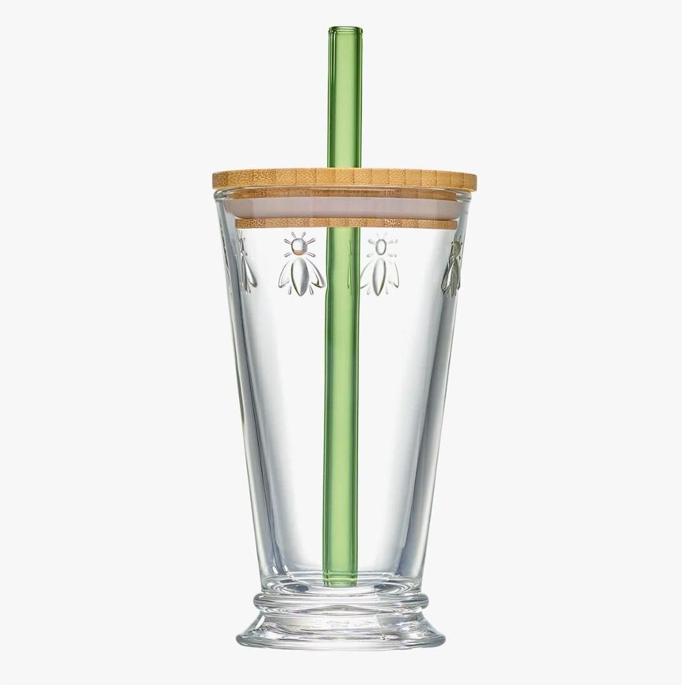 Glass - BUBBLE TEA BEE box with lid and green straw - LA ROCHÈRE