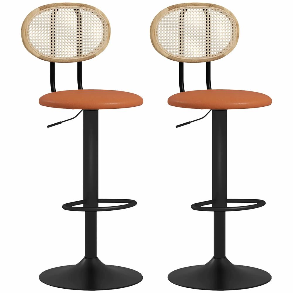 Stools - Set of 2 neo-retro design bar stools, adjustable, swivel, steel, PU, rattan - AOSOM BUSINESS