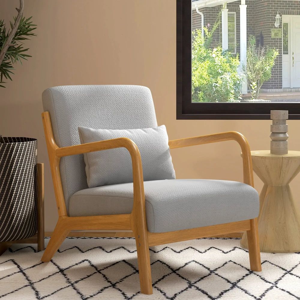 Fauteuils - Fauteuil lounge - 3 coussins inclus - bois hévéa aspect lin gris - AOSOM BUSINESS