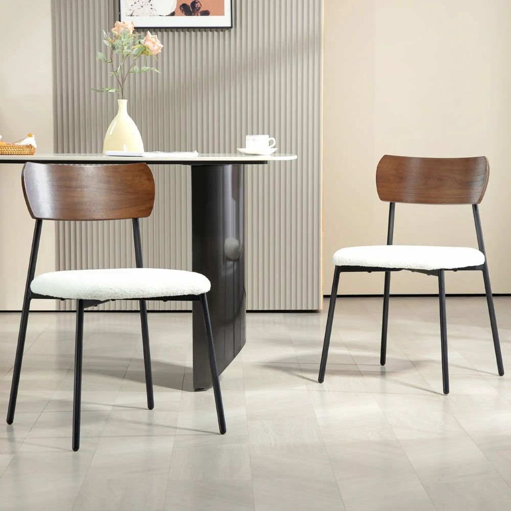 Chairs - Set of 2 vintage style chairs in black metal with a wood effect and creamy white curly wool effect - AOSOM BUSINESS