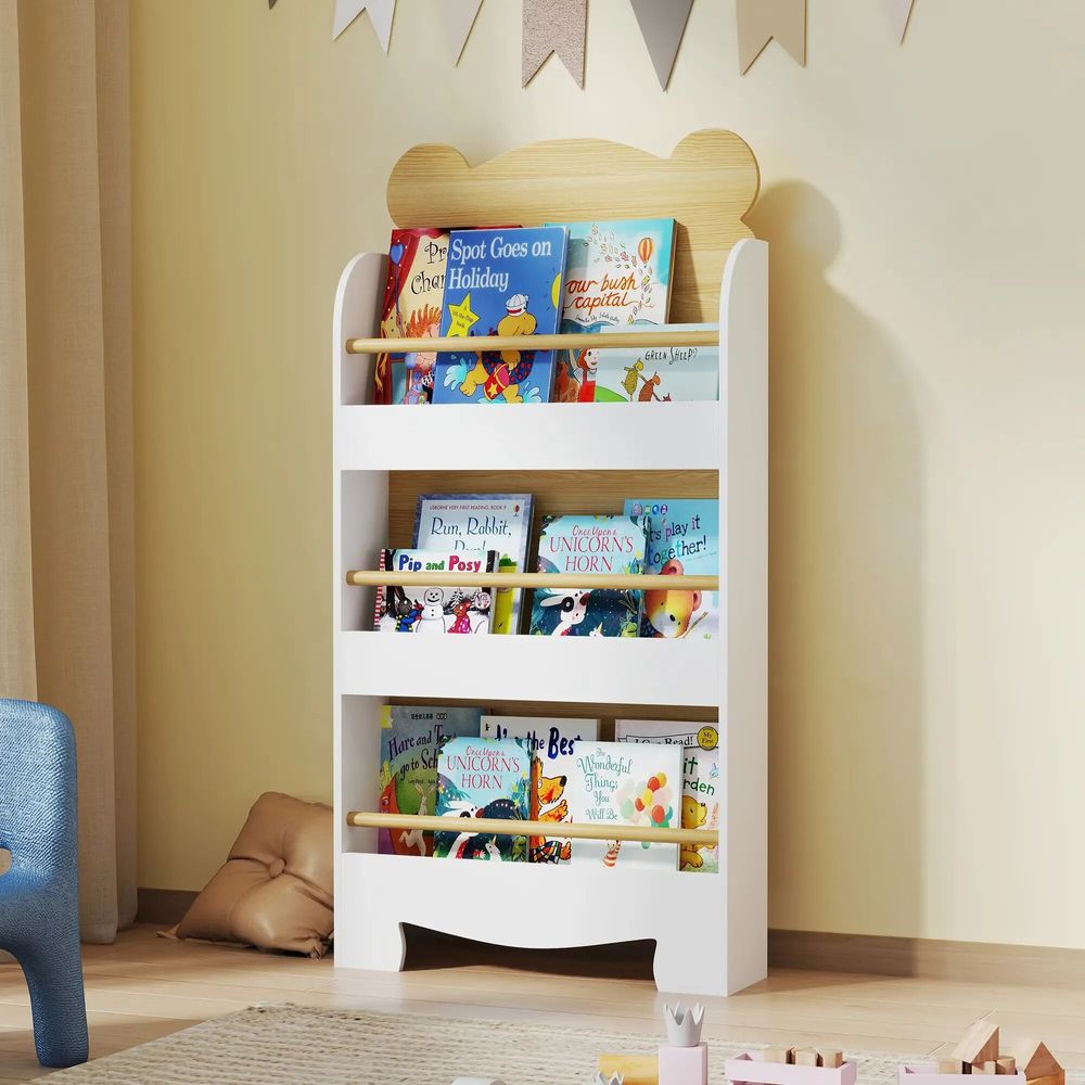 Children's desks - Children's bookcase with 3 levels, white bear design, natural wood effect - AOSOM BUSINESS