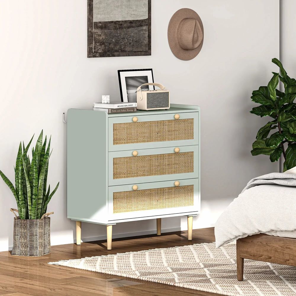 Chests of drawers - 3-drawer chest of drawers in bohemian chic style, rattan cane, grey-green wood effect - AOSOM BUSINESS