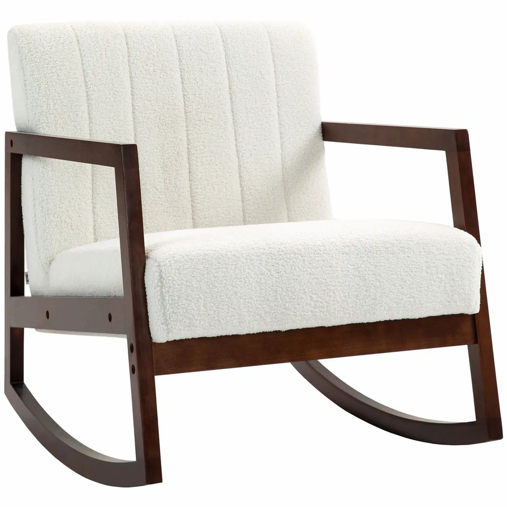 Armchairs - Rocking lounge chair in rubberwood with cream curly wool effect - AOSOM BUSINESS