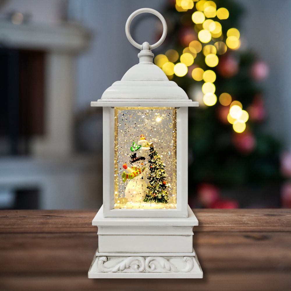 Autres décorations de Noël - Lanterne de Noël Blanche LED avec Bonhomme de Neige & Sapin - BLUE STAR B.V.
