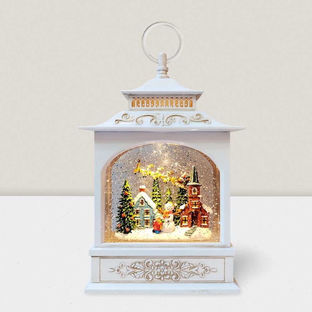Other Christmas decorations - White Antique LED Snow Globe Lantern – Santa’s Village - BLUE STAR B.V.