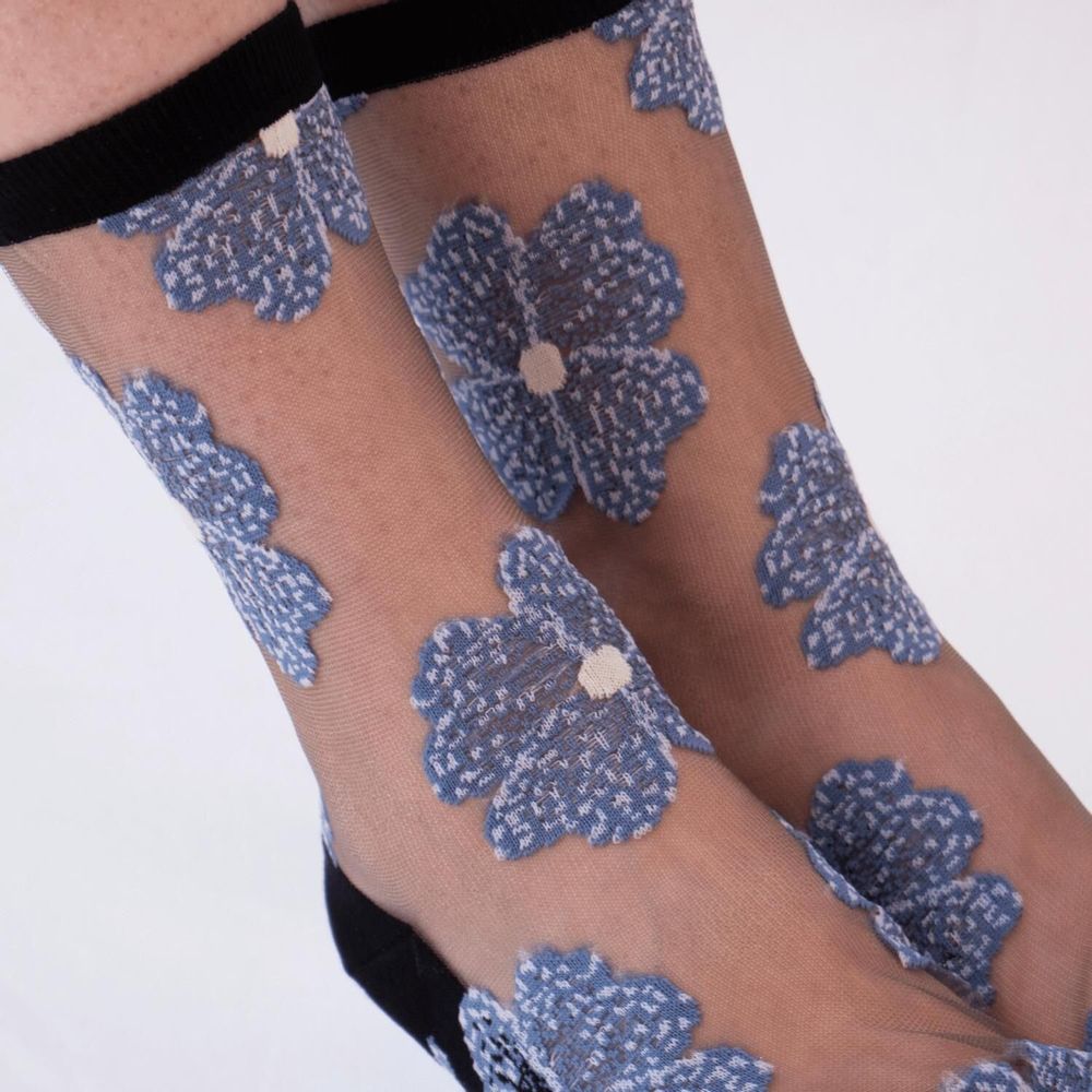 Cadeaux - Murano Bleue 36-38 : chaussettes transparentes à fleurs - ATELIER ST EUSTACHE