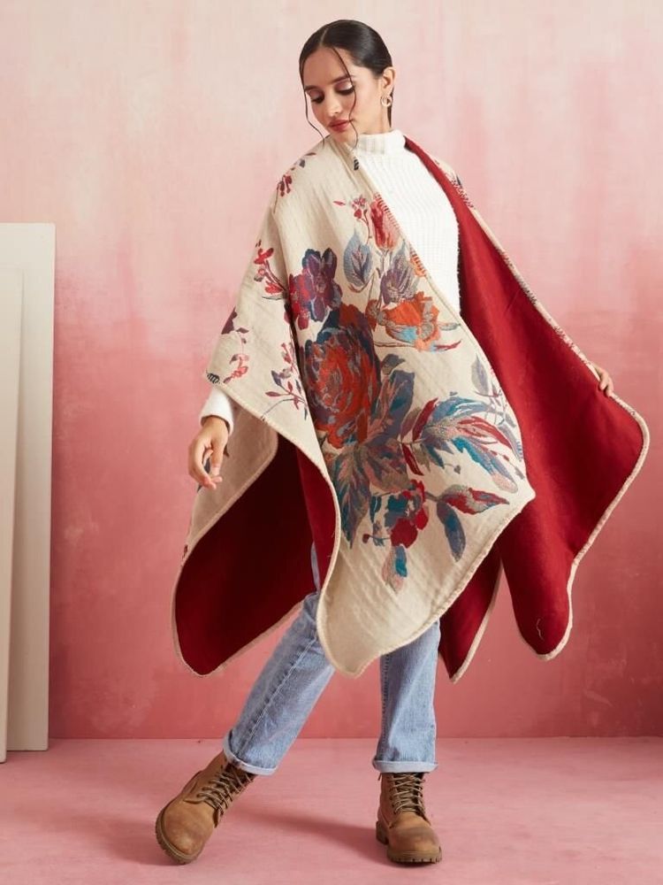 Prêt-à-porter - Blooming Florals Wool Ruana Cape – Cream, Multi - BRIGHT STAR