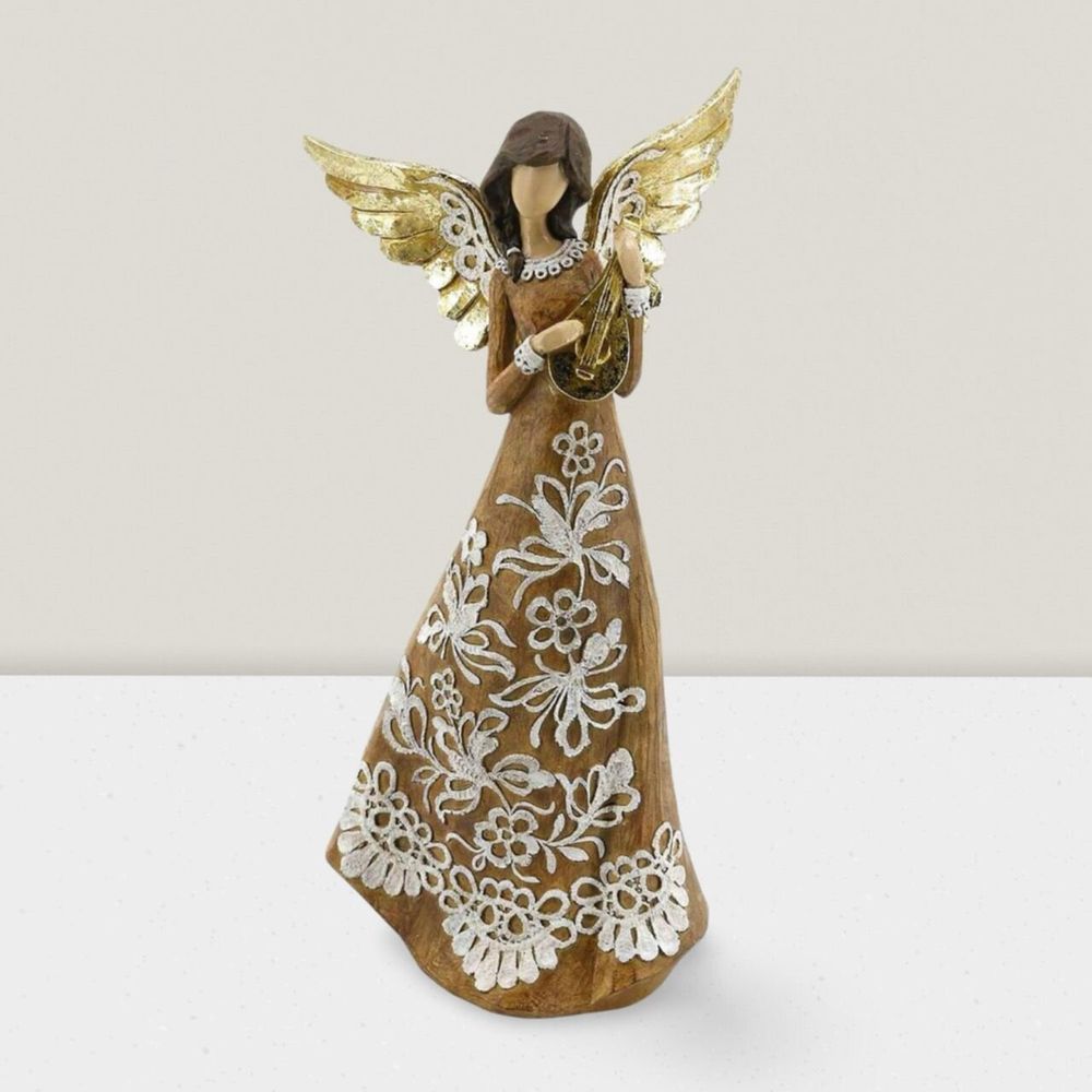 Crèches et santons - Figurine d’Ange de Noël — Motif Luth — Aspect Sculpté Rustique - BLUE STAR B.V.