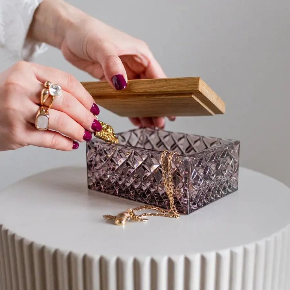 Crystal ware - Crystal jewelry box with a slate wooden lid - PEKALLA CRISTAL GLASS