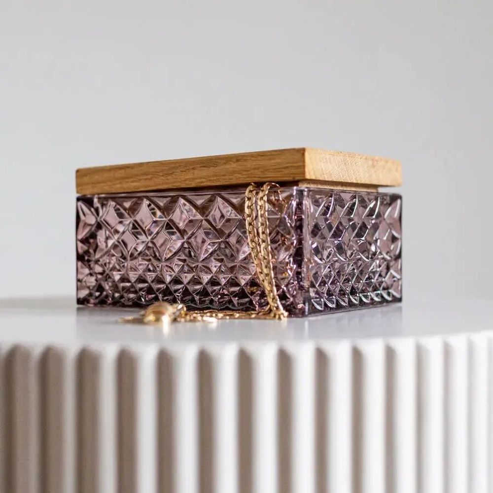Crystal ware - Crystal jewelry box with a slate wooden lid - PEKALLA CRISTAL GLASS