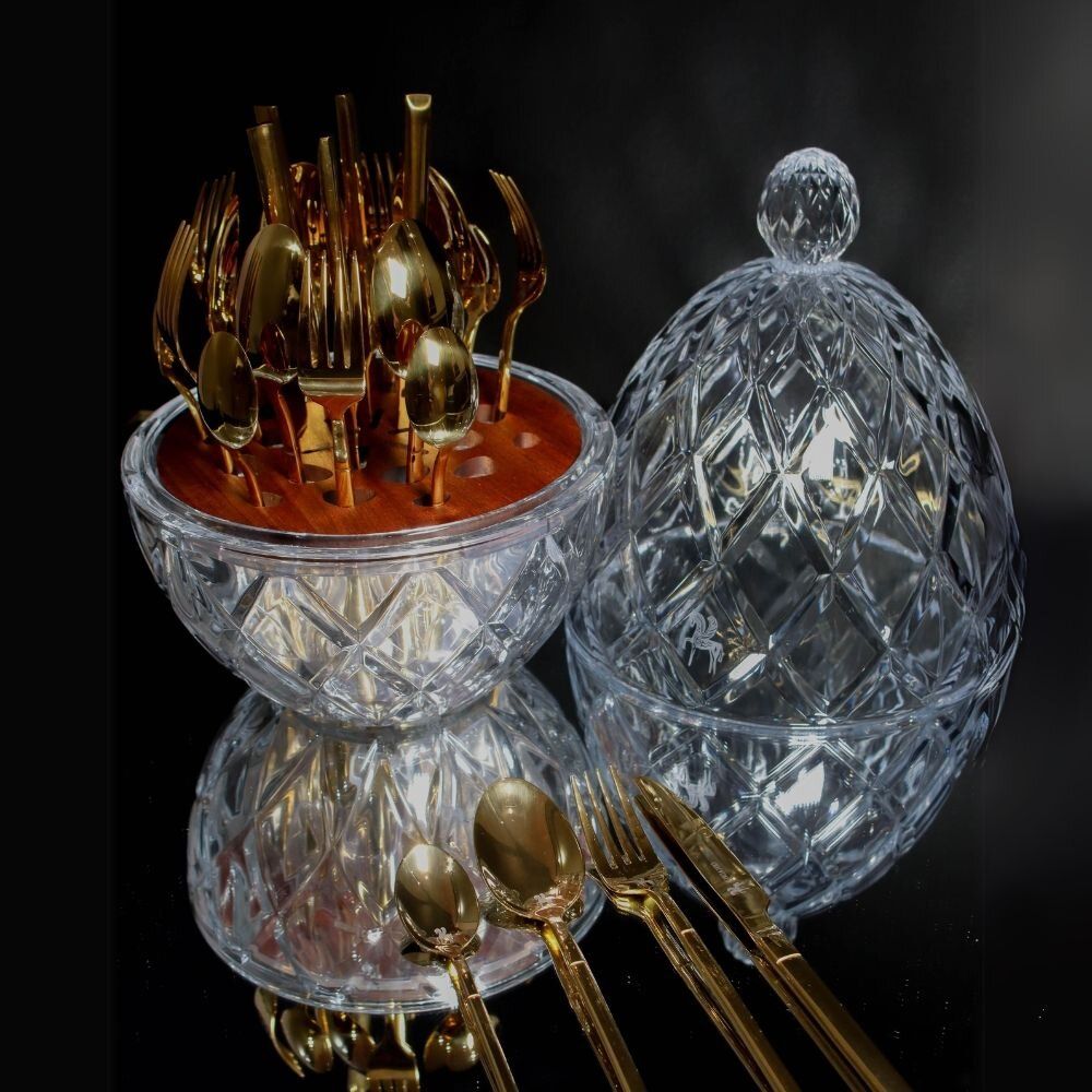 Cutlery set - The Ambrosia 24-Piece Gold Plated Flatware Set in a Crystal Holder - ARCAICO