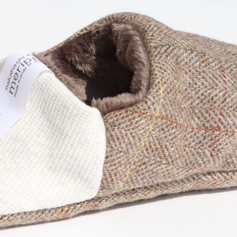 Chaussettes - JAPAN MADE Reversible room shoes / Herringbone Check Tweed × Micro Boa - MERIPPA