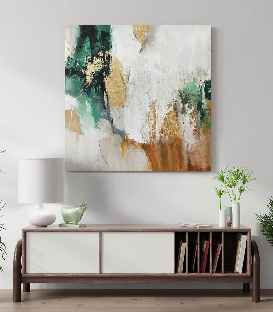 Office design and planning - « Green Avalanche» Series of handmade textured abstract paintings - MATISS ART STUDIO