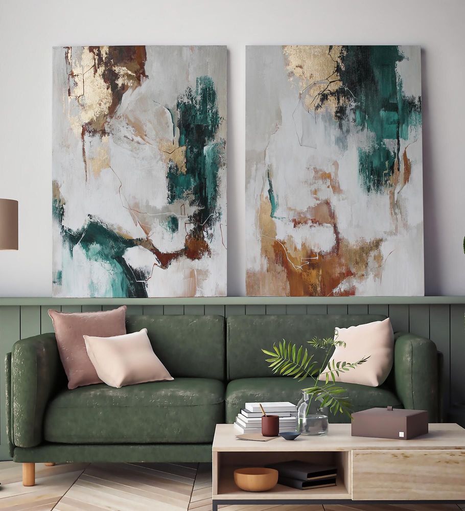 Office design and planning - « Green flux » Series of handmade textured abstract paintings - MATISS ART STUDIO