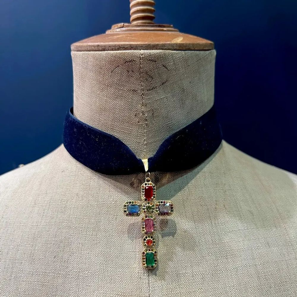 Bijoux - Choker Giulietta - Velours bleu marine - FASCINATO