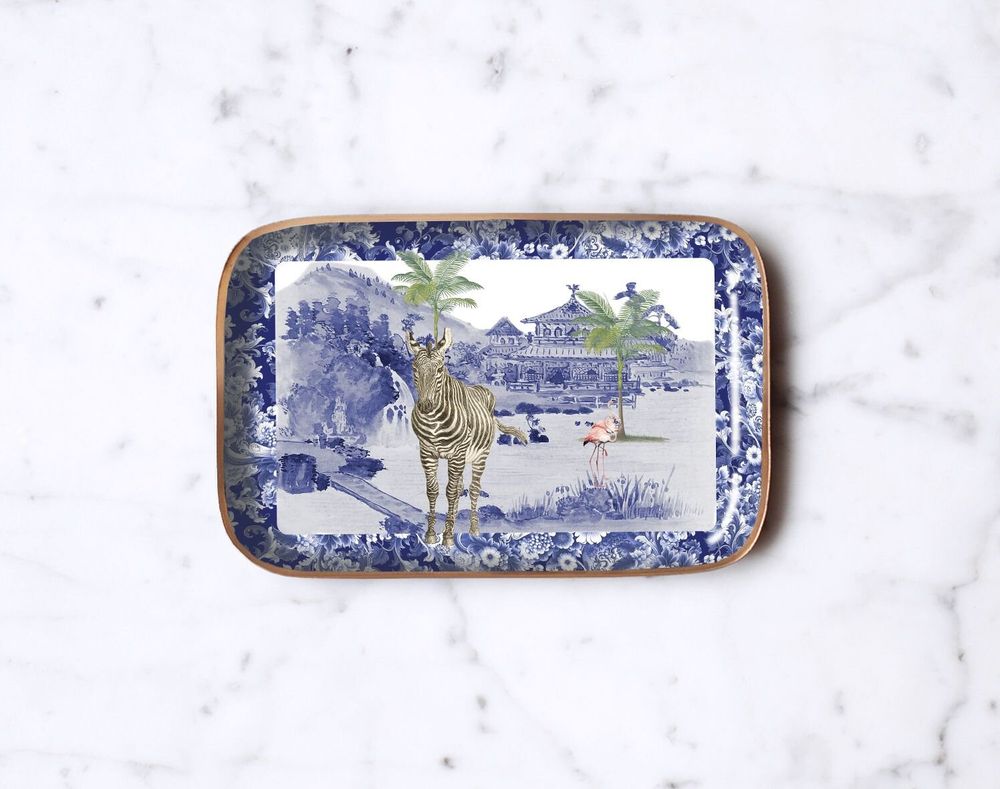 Trays - Zebra and pink flamingos enamelled tray - PARADISIO IMAGINARIUM