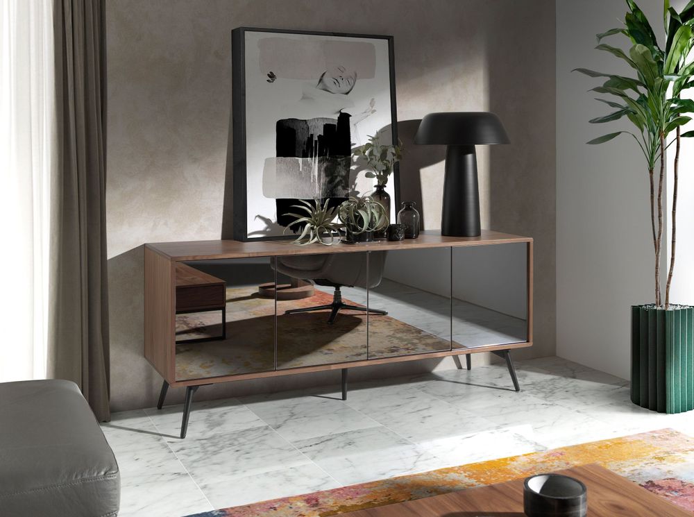 Mobilier et rangements pour bureau - Buffet en noyer avec portes miroir en verre noir - ANGEL CERDÁ