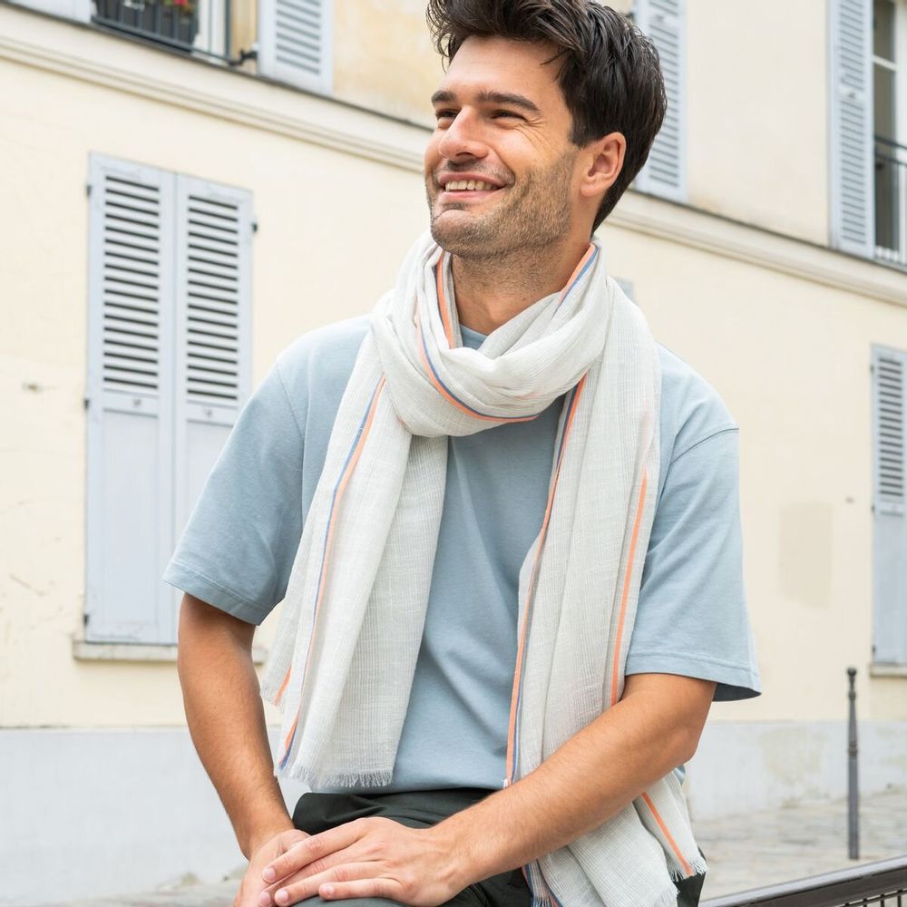 Foulards et écharpes - Chèche homme rayé bleu ciel blanc SIDI KAOUKI - AV08 PARIS