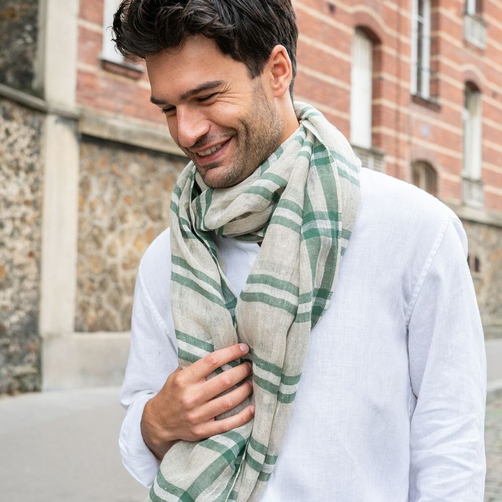 Foulards et écharpes - Chèche homme rayé lin vert beige KAKADU - AV08 PARIS