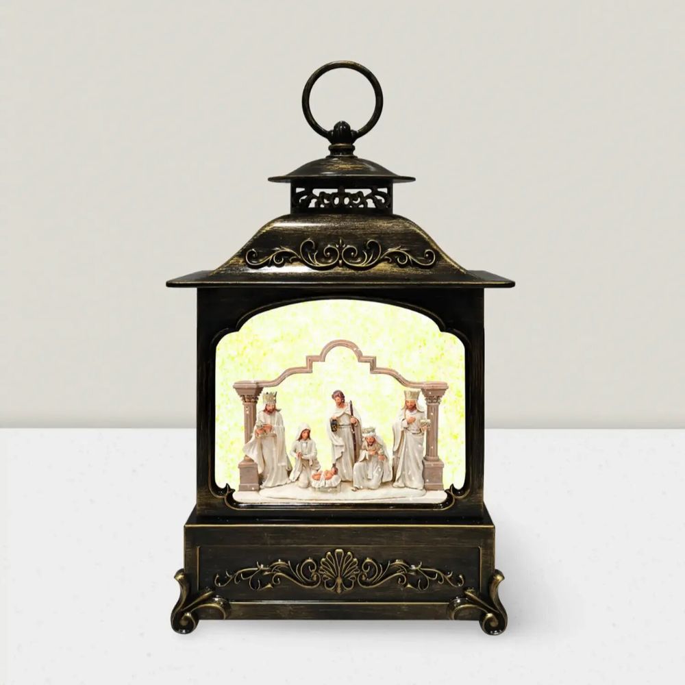 Crèches et santons - Lanterne LED avec Crèche – Figurines Blanches Élégantes et Lumière Pailletée - BLUE STAR B.V.