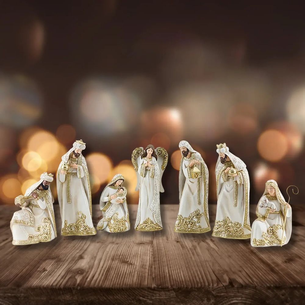 Crèches et santons - Crèche Élégante – Ensemble de 8 Figurines Blanc et Or - BLUE STAR B.V.