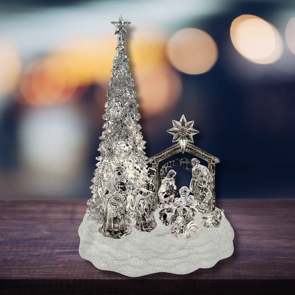 Crèches et santons - Crèche Musicale LED avec Sapin – Effet Cristal et Socle Pailleté - BLUE STAR B.V.