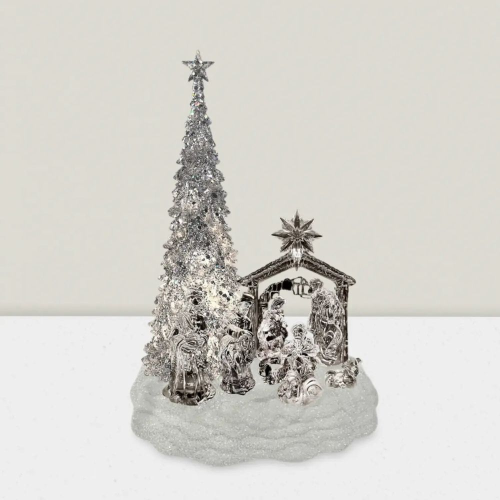 Crèches et santons - Crèche Musicale LED avec Sapin – Effet Cristal et Socle Pailleté - BLUE STAR B.V.