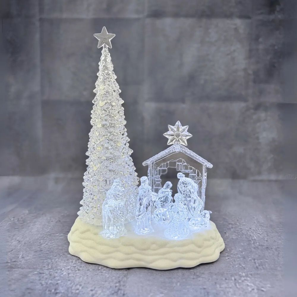 Crèches et santons - Crèche Musicale LED avec Sapin – Effet Cristal et Socle Pailleté - BLUE STAR B.V.