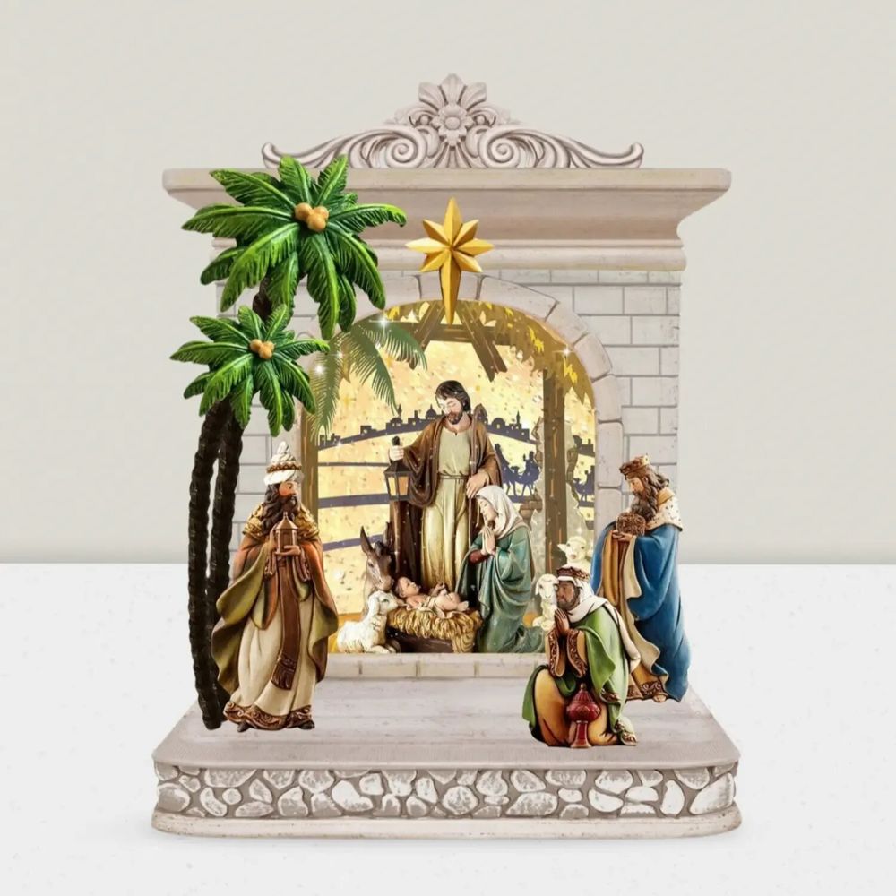 Nativity scenes and santons - LED Nativity Scene with Palm Trees, Warm White Light, Timer & DC - BLUE STAR B.V.