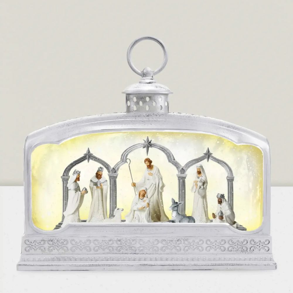 Nativity scenes and santons - White LED Nativity Lantern with Gothic Arches, Warm White Light, Timer & DC - BLUE STAR B.V.