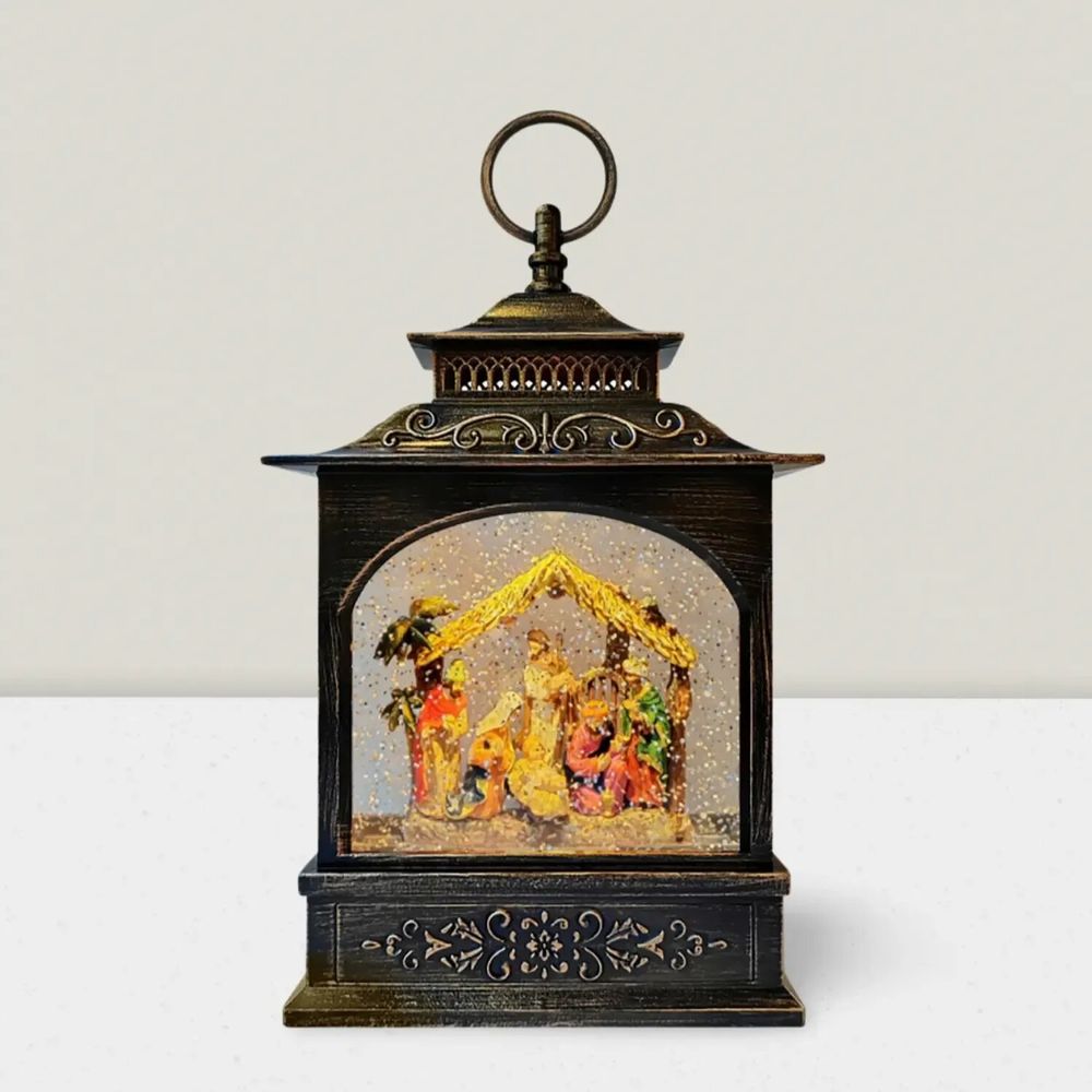 Nativity scenes and santons - Antique-Style LED Nativity Lantern with Music, Warm White Light, Glitter & DC - BLUE STAR B.V.
