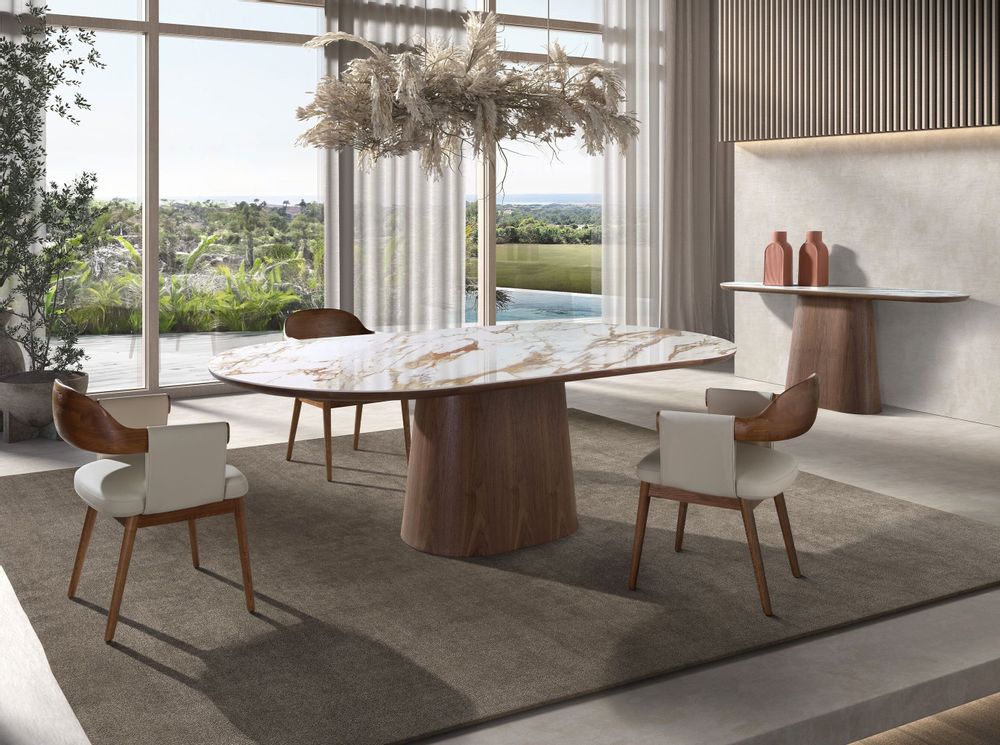 Dining Tables - Porcelain marble and walnut half round oval dining table - ANGEL CERDÁ