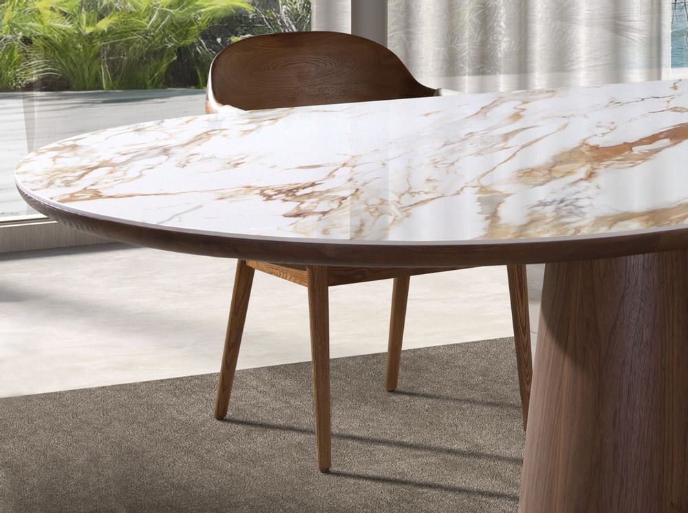 Dining Tables - Porcelain marble and walnut half round oval dining table - ANGEL CERDÁ