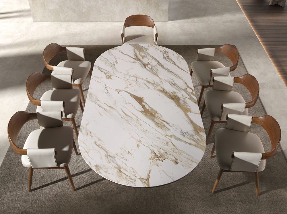 Dining Tables - Porcelain marble and walnut half round oval dining table - ANGEL CERDÁ
