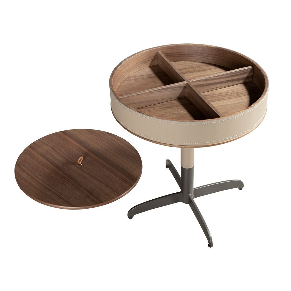 Coffee tables - Round corner table leather, walnut and grey steel - ANGEL CERDÁ