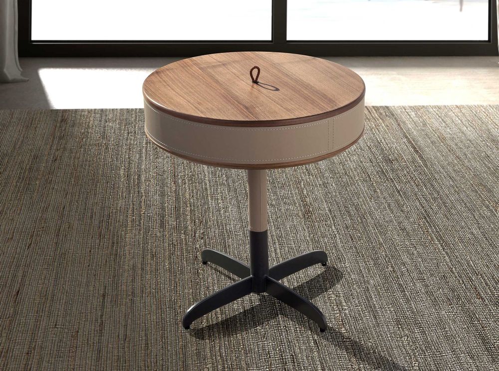 Coffee tables - Round corner table leather, walnut and grey steel - ANGEL CERDÁ