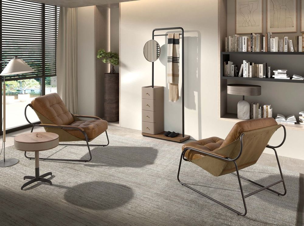 Coffee tables - Round corner table leather, walnut and grey steel - ANGEL CERDÁ