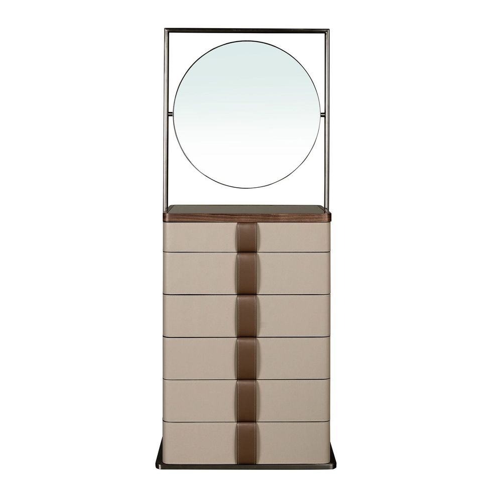 Commodes - Chiffonier en cuir, noyer, acier gris et plateau en verre fumé brun av - ANGEL CERDÁ