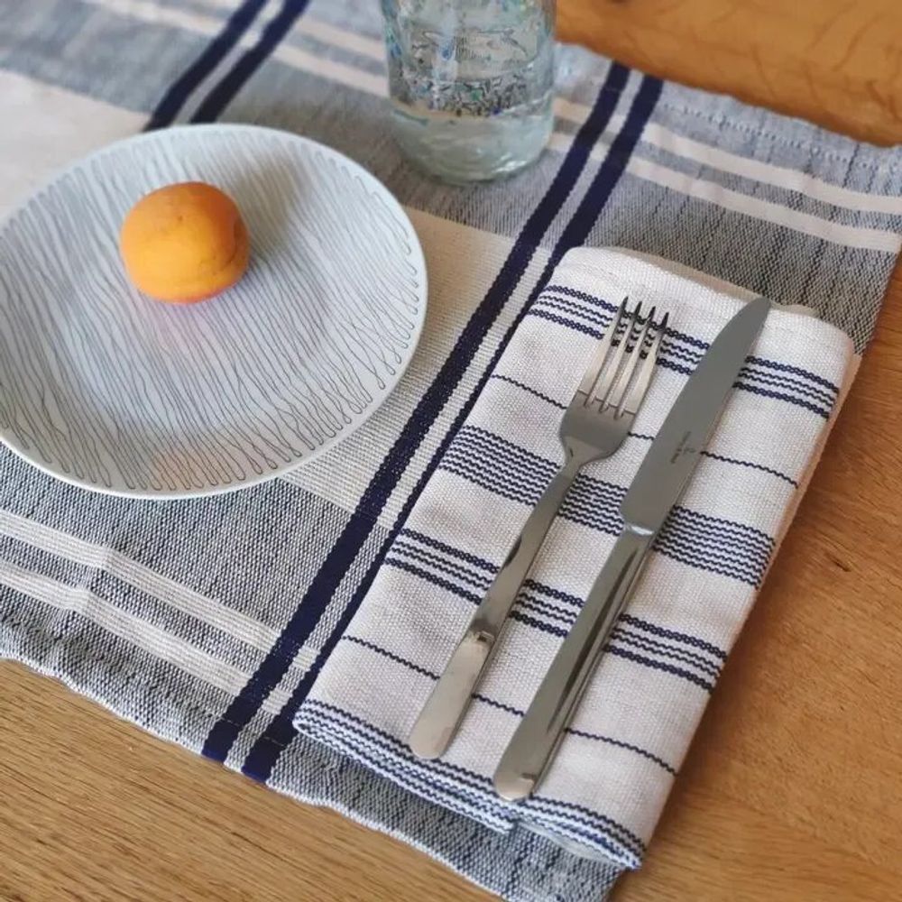 Serviettes - Serviette en coton tissée à la main | Tsiame beige à rayures bleues - SOLOKO