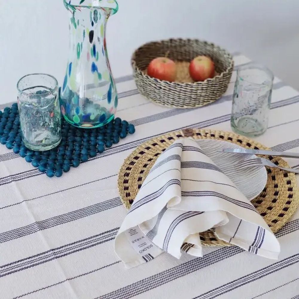 Serviettes - Serviette en coton tissée à la main | Tsiame beige à rayures bleues - SOLOKO