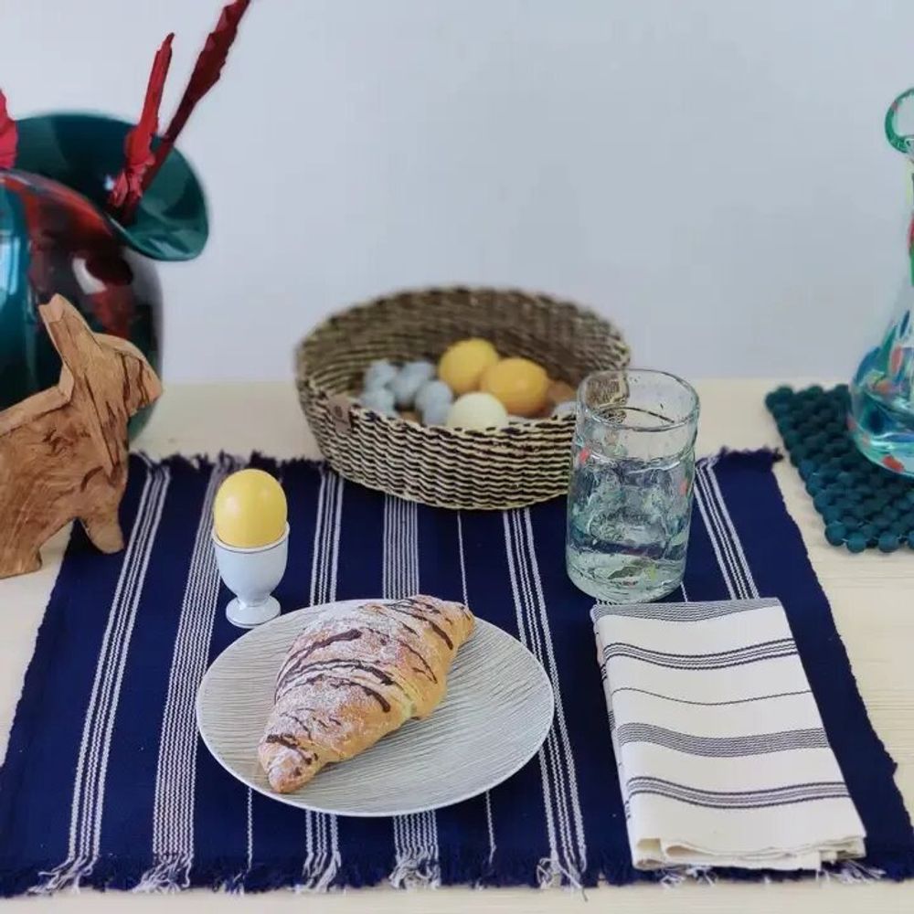 Serviettes - Serviette en coton tissée à la main | Tsiame beige à rayures bleues - SOLOKO