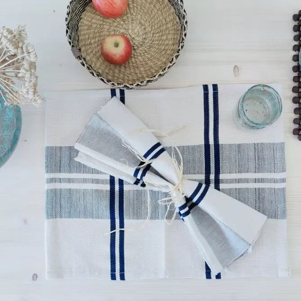 Serviettes - Serviette en coton tissée à la main | Anloga bleu royal, beige - SOLOKO
