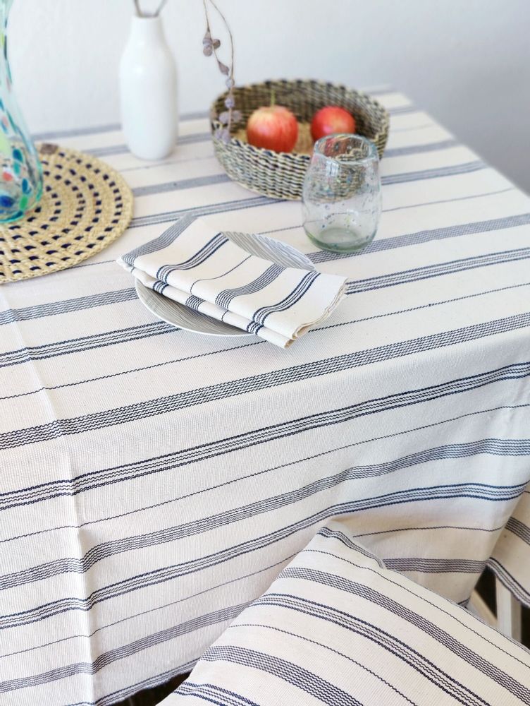 Nappes - Tsiame Nappe tissée à la main en coton | Beige, rayures bleues - SOLOKO