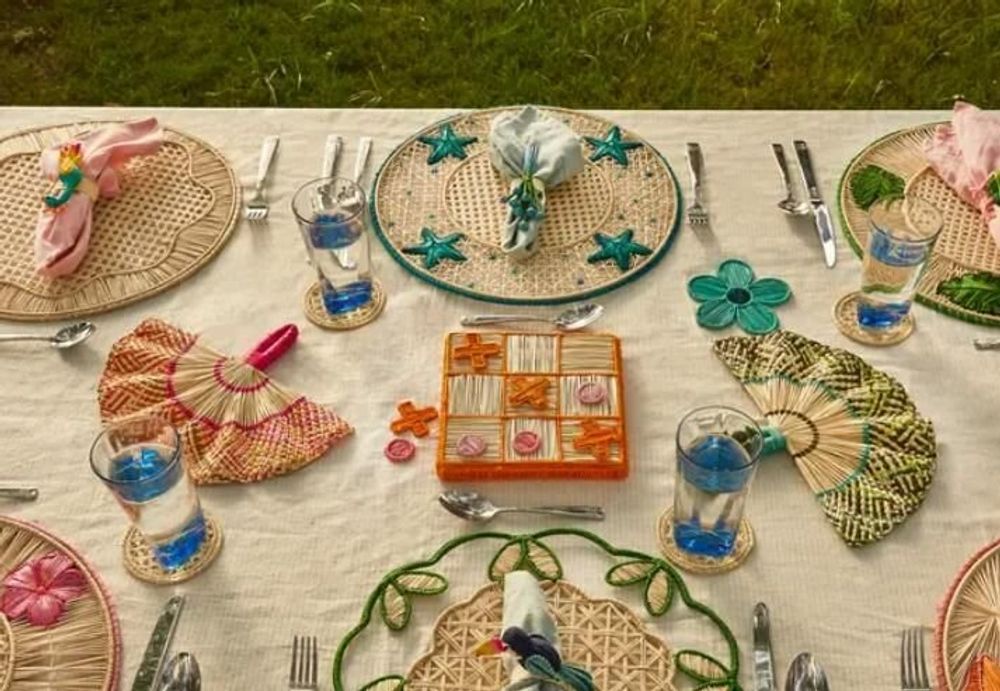 Platter and bowls - Toquilla Frilly hand fan Blue/Navy - CORO CORA